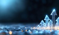 Glowing blue arrows pointing upward with sparkle effects against dark background, representing business growth and success in financial markets.