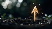 Glowing golden arrow emerging from soil with magical sparkles against dark background with bokeh lights, symbolizing growth, success and upward momentum.