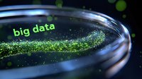 Glowing green particles forming big data text in curved glass tube against dark background, representing digital information flow and analytics.