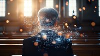 Man in dark suit with glowing digital particles and network connections overlaid on his head and shoulders, sitting in church pews with soft bokeh lights in background.