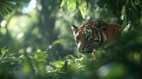 Majestic Bengal tiger peering through lush green jungle foliage with intense gaze, natural sunlight creating atmospheric bokeh effect in tropical forest setting.
