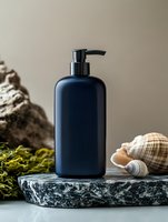 Navy blue cosmetic pump bottle on marble surface with seashells and green seaweed, spa wellness composition against neutral beige background.