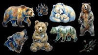 Watercolor bear clipart set isolated on transparent background, featuring grizzly, polar bears, cub, paw print, wolf, and forest silhouette for stickers, T-shirts, print on demand.