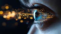 Close-up of human eye with digital transformation effect, glowing blue iris dissolving into golden particles and bokeh lights against dark background.
