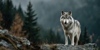 Majestic gray wolf standing on rocky outcrop in misty forest landscape with evergreen trees in background, showcasing wild nature and wilderness predator.