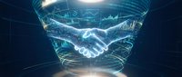 Digital handshake with holographic data visualization and financial charts representing business partnership and technology collaboration.