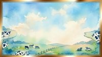 Pastoral landscape with grazing cattle, rolling green hills, wooden fences, and fluffy white clouds in blue sky. Watercolor style countryside scene for farm, agriculture, and rural design projects.