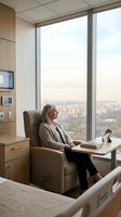 Senior businesswoman executive sitting in modern office chair looking out city window during golden hour contemplating future business decisions.