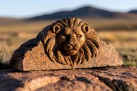 Majestic lion head carved in stone against natural mountain landscape background at golden hour, showcasing detailed mane and fierce expression in warm sunlight.
