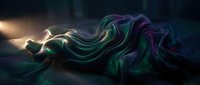 Abstract flowing fabric waves in emerald green and purple hues with dramatic lighting effects creating dynamic motion and depth for modern design projects.
