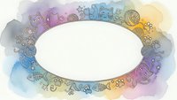 Colorful watercolor frame with hand-drawn doodle elements surrounding white oval space for text or design. Playful border with various sketched objects.