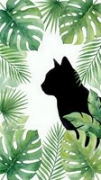 Cat silhouette surrounded by tropical monstera and palm leaves on white background. Isolated design element suitable for t-shirts, prints, and graphic projects.