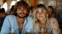 Young diverse couple enjoying drinks at outdoor cafe. Man with curly hair in blue shirt and woman with blonde hair in patterned dress share intimate moment during summer date.