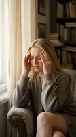 Young blonde woman experiencing headache holding temples while sitting in cozy library room with books and natural window light for stress relief concepts.