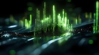 Glowing green digital waveform visualization with data streams rising from dark surface, abstract technology background for financial or music concepts.