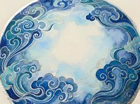 Watercolor circular frame with ornate blue swirling clouds in traditional Asian style creating decorative border on textured paper background.
