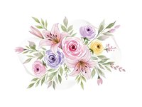 Watercolor floral bouquet with pink roses, purple ranunculus, yellow flowers and green leaves isolated on white background for wedding invitations.