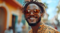 Young African American man with dreadlocks wearing sunglasses smiling outdoors in colorful urban street setting for lifestyle and fashion content.