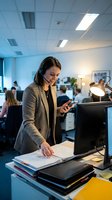 Professional businesswoman with headset using smartphone while reviewing documents at modern office desk during workday.
