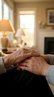 Elderly hands clasped together in warm home interior showing aging, care, comfort and peaceful retirement lifestyle in cozy living room setting.