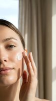 Young woman applying facial moisturizer cream to cheek with gentle touch in bright natural light for daily skincare routine and beauty regimen.