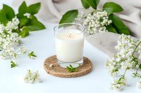 Aromatic white candle in glass on rustic coaster surrounded by fresh bird cherry blossoms and green leaves on white background, spring wellness concept.