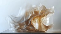 Ethereal flowing abstract sculpture in white and gold tones creates dynamic movement against minimalist background, showcasing organic fluid forms and light interplay.