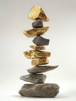 Balanced stack of alternating gold nuggets and dark stones creating zen tower against light background, symbolizing wealth and harmony in nature.