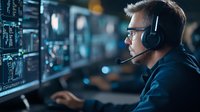 Young male professional in headset monitoring multiple screens with financial data and market charts in dark office setting with blue ambient lighting.