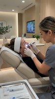 Professional aesthetician performing facial treatment on female client in modern medical spa clinic with advanced skincare equipment and luxurious interior design.