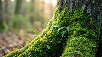 Vibrant green moss growing on tree bark in forest with soft bokeh background creating peaceful natural woodland atmosphere for environmental concepts.