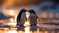 Two penguins touching beaks at sunset, silhouetted against golden bokeh lights reflecting on icy surface, creating romantic wildlife moment in winter landscape.