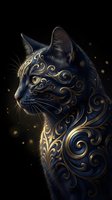 Elegant cat portrait with ornate golden swirls and decorative patterns on dark background for luxury design projects.