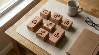 Wooden blocks with business icons arranged on desk with coffee cup and glasses for corporate strategy planning and organizational development concepts.