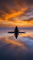 Woman practicing yoga meditation on paddleboard at sunset with dramatic orange sky reflecting in calm water creating peaceful mindfulness moment.