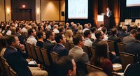 Business conference with diverse audience listening to speaker presenting financial data in modern auditorium for corporate training and professional development.
