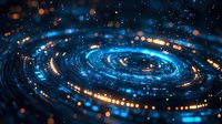 Abstract spiral of glowing blue and orange light particles creating a cosmic or technological vortex effect against dark background.