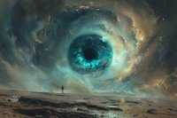 Surreal cosmic landscape with giant eye-shaped nebula in turquoise and gold clouds looming over barren terrain with lone figure silhouette standing beneath mystical sky.