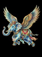 Ornate blue elephant with golden wings and decorative saddle, isolated on transparent background, ready for t-shirts, stickers, clipart, sublimation and print-on-demand designs.