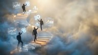 Business professionals climbing illuminated stairs with financial charts and graphs floating around them in cloudy sky representing career growth and success.