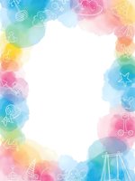 Colorful watercolor frame with white outlined children toys and symbols creating playful border for kids design projects and educational materials.