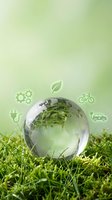 Crystal globe on green grass with eco-friendly icons representing sustainable technology, renewable energy, and environmental conservation concepts.