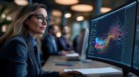Young female data analyst in glasses and business attire studying complex visualization graphs and charts on computer monitor in modern corporate office environment.