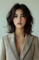 Young Asian woman with layered dark hair wearing beige blazer, looking directly at camera with confident expression against light background.