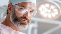 Mature bearded male surgeon in protective eyewear and scrub cap looking confident in operating room with surgical lights in background, healthcare concept.