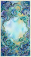Watercolor cloud frame with golden swirls and ornate borders in blue and turquoise tones for decorative design projects and artistic backgrounds.