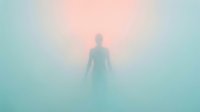 Silhouette of a person standing in dense fog with soft peachy and turquoise gradient lighting, creating an ethereal and mysterious atmosphere suitable for conceptual, spiritual, and editorial design projects.