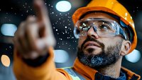 African American male construction worker in protective hard hat and safety glasses pointing upward, confident expression with bokeh lights background.