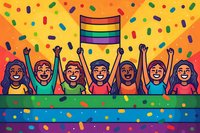 Diverse group celebrating equality and pride with rainbow flag, colorful confetti background and joyful expressions. Perfect for inclusion, diversity and LGBTQ+ community events promotion.