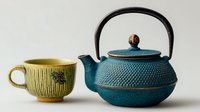 Traditional blue cast iron teapot with textured surface and wooden handle beside yellow ceramic cup with floral design on neutral background.
